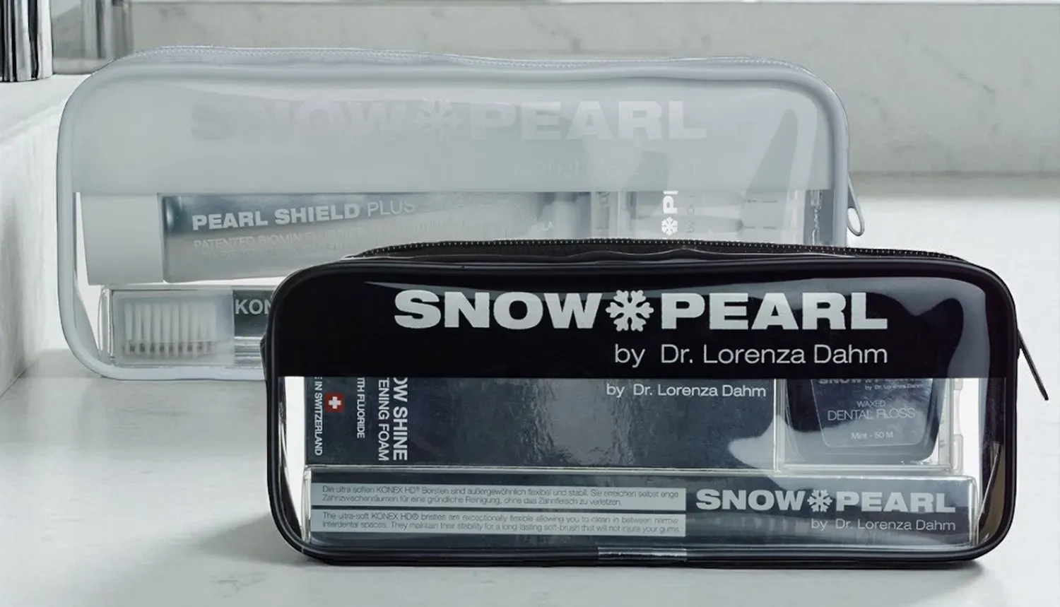 SNOW PEARL Zahnpflege Travel Kit mit Ultra Soft Zahnbürste, Zahnpasta oder Whitening Foam, Zahnseide und Interdentalbürsten